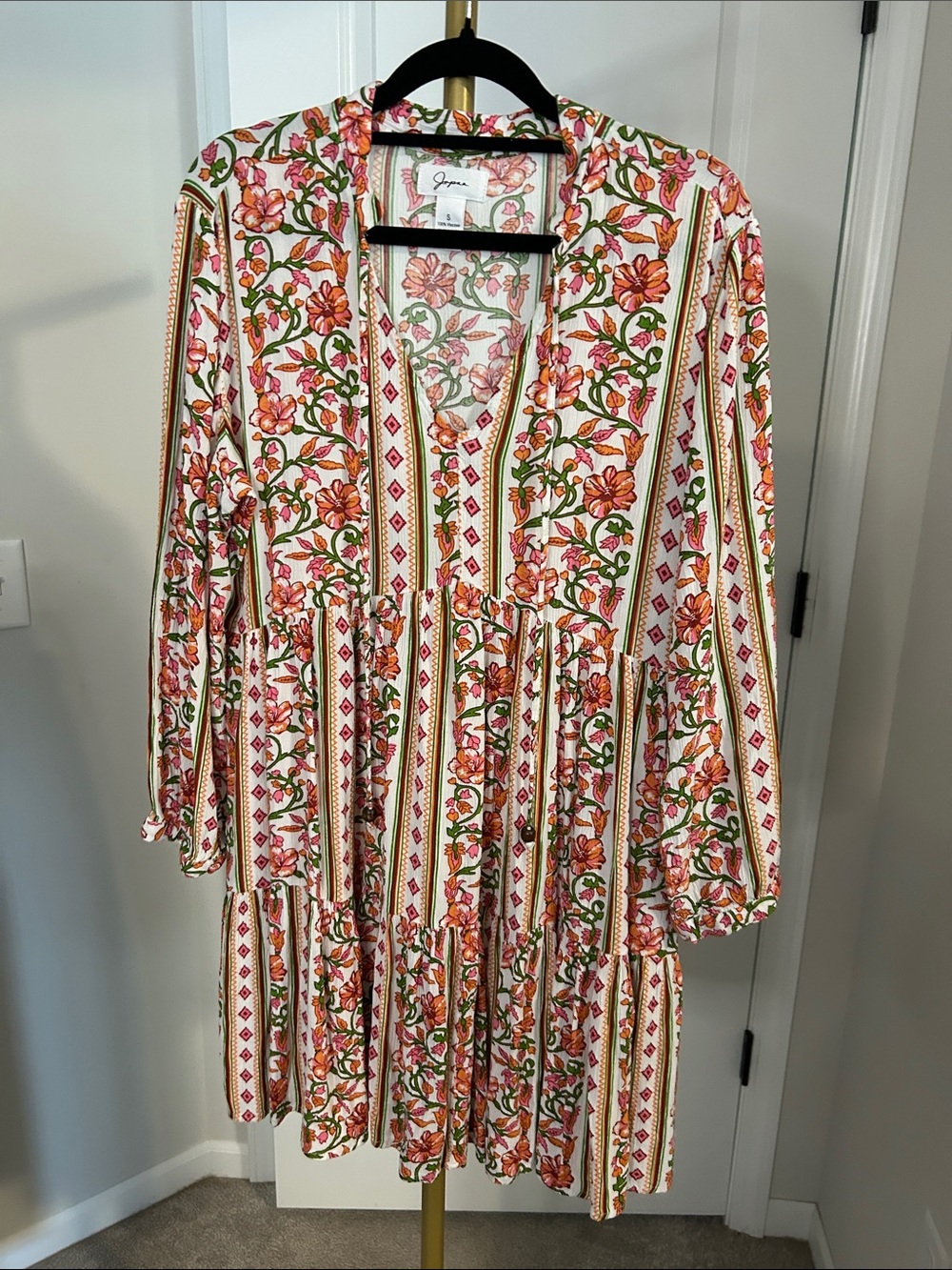 Japna Pink, Orange & Green Floral Tiered V-Neck Long Sleeve Dress